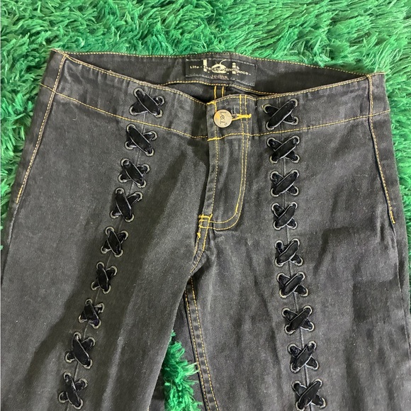 Vintage LEI Flared Low Rise Laced Legs Split Flare Black Jeans Size 0 - Picture 3 of 9
